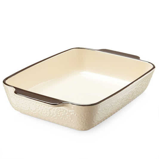 LIFVER 9x13 Baking Dish, Embossed Rectangular Lasagna Pan with Handle, 3.4qt Ceramic Casserole Dish for Oven, Oven Safe and Durable Bakeware, Christmas Decor, Beige - CookCave