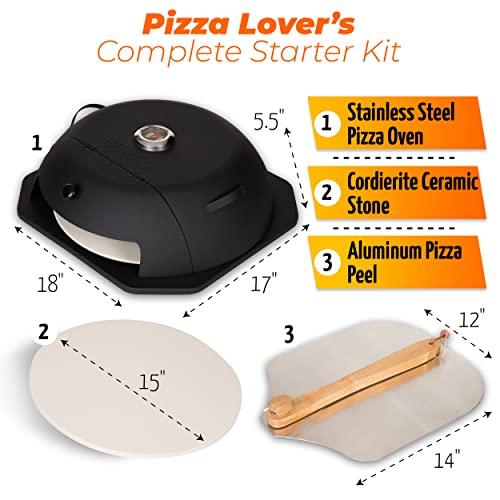 HeatGuard Pro Geras Pizza Oven for Grill - Grill Top Pizza Maker for Outside - 15" Pizza Stone, Pizza Peel Kit - Outdoor Portable Backyard BBQ Pizzas Maker Charcoal Grill, Pellet, Propane Gas Wood - CookCave