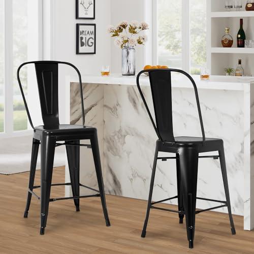 Metal Bar Stool Set of 4 Counter Height Barstool with Back 24 Inches Seat Height Industrial Bar Chairs Patio Stool Stackable Modern Kitchen Stool Indoor Outdoor Metal Bar Stool Kitchen Stools (Black) - CookCave