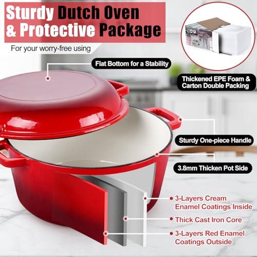 Red Enameled Dutch Oven Pot for Bread Baking, P&P CHEF 2 in 1 Round 5Qt Cast Iron Dutch Oven with Lid Set, Skillet & Pot for Roasting Braising Stewing Frying Simmering, Multi Stoves & Oven Safe - CookCave