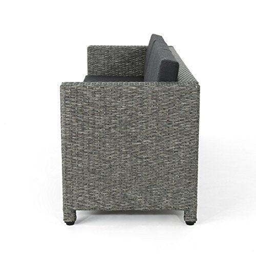 Christopher Knight Home Puerta Outdoor Wicker 3-Seater Sofa, Mix Black / Dark Grey Cushion - CookCave