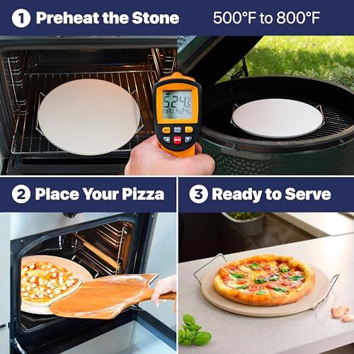 16" Pizza Stone for Oven & Grill with Handles - Natural Cordierite Baking Stone Set with SS Rack & Plastic Scraper (1500 °F Resistant, Round, Large) - CookCave