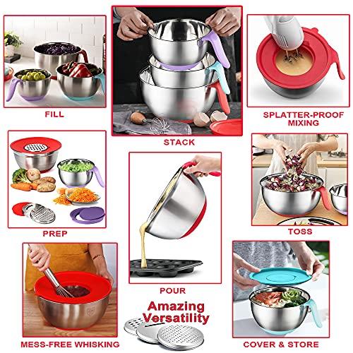 Stainless Steel Mixing Bowls with Lids - Long Handles, Pour Spout, Non Slip Colorful Silicone Bottom, 3 Graters, & Measurement Marks, Ideal for Cooking, Baking & Serving, Food & Salad Prep. (Set of 3) - CookCave