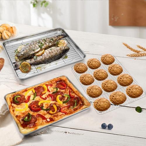 P&P CHEF Baking Sheets and Racks Set (2 Sheet + 2 Rack), Stainless Steel Baking Pan Cookie Sheet with Cooling Rack, Size 16''x12''x1'', Non Toxic & Healthy & Easy Clean - CookCave
