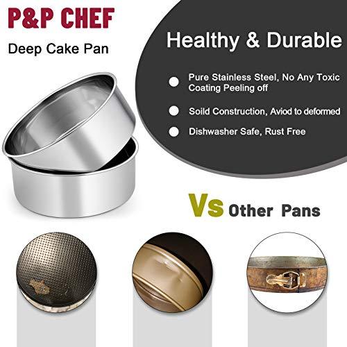P&P CHEF 8 x 3 Inch Cake Pans Set of 2, Round Baking Pan Stainless Steel Layer Birthday Wedding Cake Oven Pans, Non Toxic & Heavy Duty, Deep Side & Mirror Finish, Easy Clean & Dishwasher Safe - CookCave