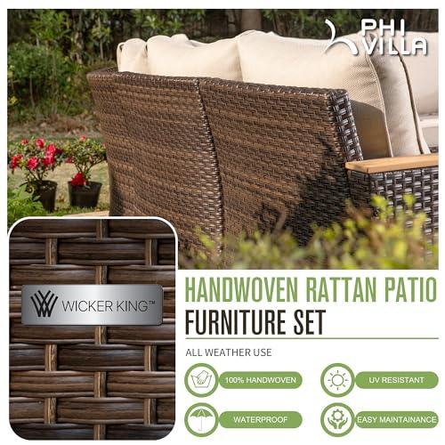 PHI VILLA 7-Piece Wicker Patio Conversation Set, Outdoor Rattan Sectional Furniture Patio Set for 7 Seats with Cushioned 2 x Single Sofa, 2 x Armrest Chair, 2 x Ottoman and 1 x Armless Sofa, Beige - CookCave