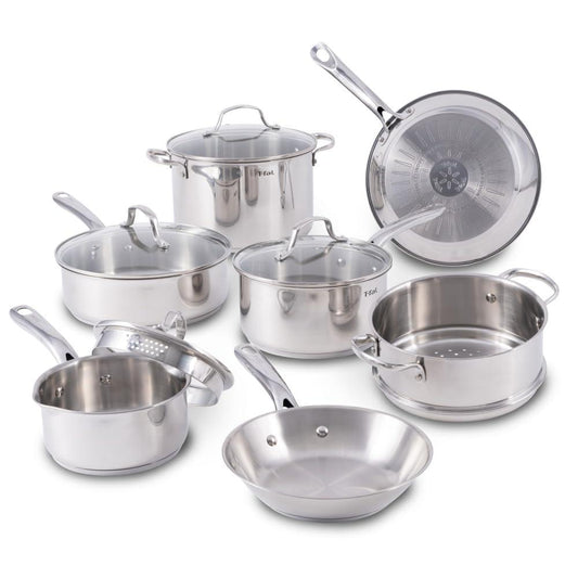 T-fal Stainless Steel Cookware Set 11 Piece Induction Oven Broiler Safe 500F Pots and Pans, Dishwasher Safe Silver - CookCave