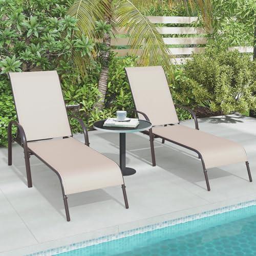 Giantex 2 Pack Patio Lounge Chair, Outdoor Chaise Lounge with 5 Adjustable Backrest, Sturdy Steel Frame, Sunbathing Recliner, Beach Chair, Tanning Chair for Outside, Yard, Balcony, Pool Chairs, Khaki - CookCave