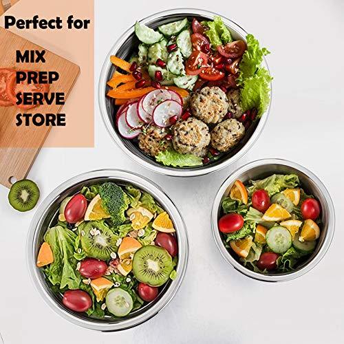 P&P CHEF Mixing Bowl with Lid Set of 5, 10-Piece Stainless Steel Nesting Salad Bowl Set for Prepping, Mixing and Serving, Size 4.6, 3, 1.5, 1, 0.7 QT, Rimmed Edges & Flat Base - CookCave