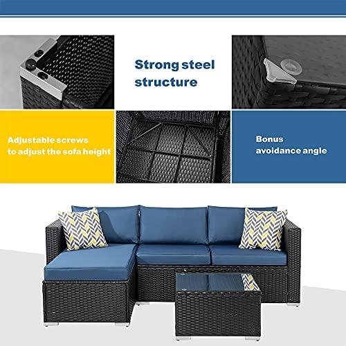 Shintenchi Patio Furniture Sets 3 Pieces Outdoor Sectional Sofa Black All-Weather Rattan Wicker Sofa Small Patio Conversation Couch with Washable Cushion and Glass Table(Aegean Blue) - CookCave