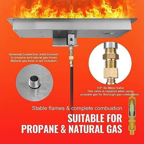 VEVOR 24 x 8 inch Drop-in Fire Pit Pan, Rectangular Stainless Steel Fire Pit Burner Kit, Propane Gas Fire Pan 120,000 BTU with H-Burner for Indoor or Outdoor Use - CookCave