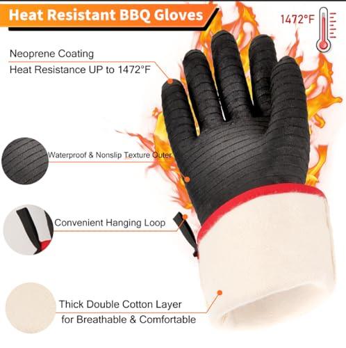 JENPOS BBQ Gloves - 1472°F Thicken Heat Resistant Gloves w/S-Hook 14 in Kitchen Oven Mitts Waterproof Grill Gloves Oil Resistant Grilling Gloves Cooking Gloves for Turkey Fryer/Baking/Oven/Smoker - CookCave