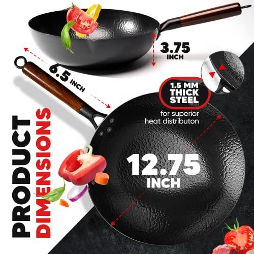 Gold Dragon Heritage Edition Carbon Steel Wok Pan with Lid | 12.5" Preseasoned Quality Wok Set | Traditional Stir Fry Pan | Round Flat Bottom Wok - CookCave