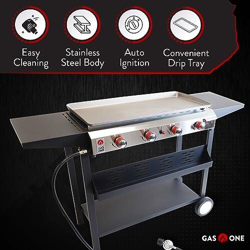 Gas One Flat Top Grill with 4 Burners – Premium Propane Grill with Outdoor Grill Cart – Stainless Steel Auto Ignition Camping Grill Outdoor Griddle – Easy Cleaning Grills Outdoor Cooking Propane - CookCave