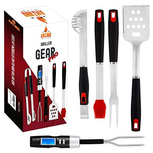 AMZ BBQ CLUB 5-pc Grill Set with, Spatula, Fork, Brush & Thermometer-Fork Combo - Perfect Barbecue Accessories Grill Utensils Set for Outdoor Grill (Red-BBQ-Set) - CookCave