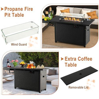 Giantex 52" Outdoor Propane Fire Pit - 50,000 BTU Wicker Patio Gas Fire Table w/Lid, Waterproof Cover, Tempered Glass Wind Guard & Blue Fire Stone, PE Rattan Firepit Table w/Storage Shelf (Black) - CookCave