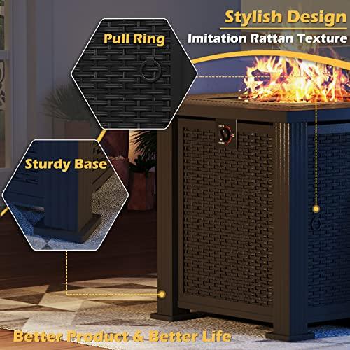 Greesum 28 Inch Outdoor Gas Fire Pit Table, 50,000 BTU Steel Propane Firepit with Lid and Lava Rock, Imitation Rattan Weave Texture, Add Warmth and Ambience to Parties On Patio Garden Backyard, Black - CookCave