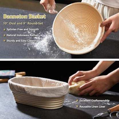 Sourdough Bread Baking Set, 10 Inch Oval & 9 Inch Round Banneton Bread Proofing Baskets with Linen Liner, Silicone Bread Sling, Danish Dough Whisk, Dough Scraper Kit, Silicone Brush & Silicone Spatula - CookCave