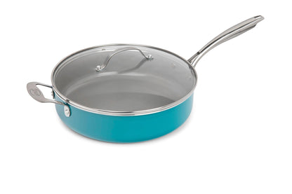 Gotham Steel Nonstick 5.5 Quart Sauté Pan with Lid, Ceramic Jumbo Cooker Fry Pan with Glass Lid, Stay Cool Handle + Helper Handle, Oven, Stovetop & Dishwasher Safe, 100% PFOA Free, Aqua Blue - CookCave