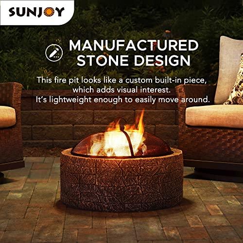 Sunjoy 26 in. Stone Fire Pit, Patio Outdoor Round Wood Burning Fire Pits for Outside with Spark Screen and Poker, Brown & Black - CookCave