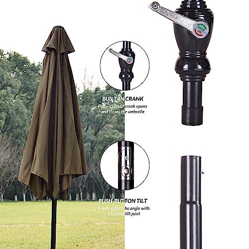 Elevon 9' Outdoor Patio Umbrella, Market Striped Umbrella with Push Button Tilt and Crank, Beige - CookCave