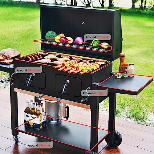 Charcoal Grill Outdoor BBQ Grill, Extra Large Cooking Area 794 Square Inches with Two Individual & Adjustable Charcoal Tray, Foldable Side Tables for Outdoor Cooking Backyard Camping Picnics By DNKMOR - CookCave