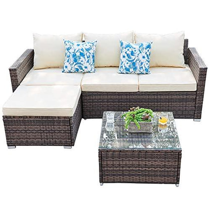 SUNTONE Patio Furniture Set All Weather Wicker Outdoor Sectional Patio Couch Rattan Patio Sectional with Table and Chairs, 3 Piece Patio Sofa Set, Beige - CookCave
