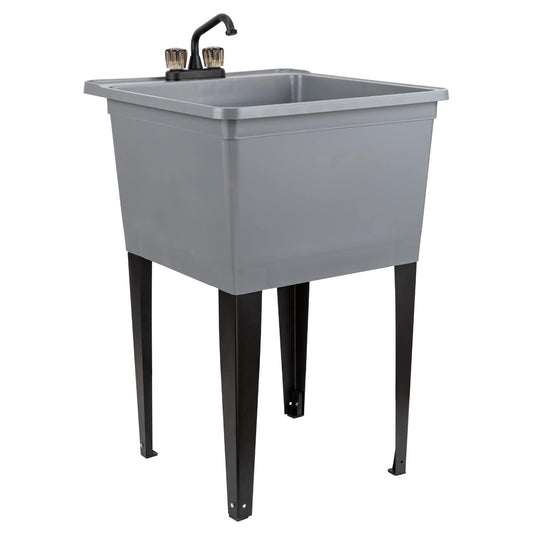 Tehila Basics by JS Jackson Supplies 21-Gallon Grey Freestanding Utility Sink with Black 2-Handle Faucet, Heavy Duty Plastic Laundry Tub with Adjustable Legs - CookCave
