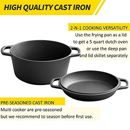 EDGING CASTING 2-in-1 Pre-Seasoned Cast Iron Dutch Oven Pot with Skillet Lid Cooking Pan, Cast Iron Skillet Cookware Pan Set with Dual Handles Indoor Outdoor for Bread, Frying, Baking, Camping, BBQ, 5QT - CookCave