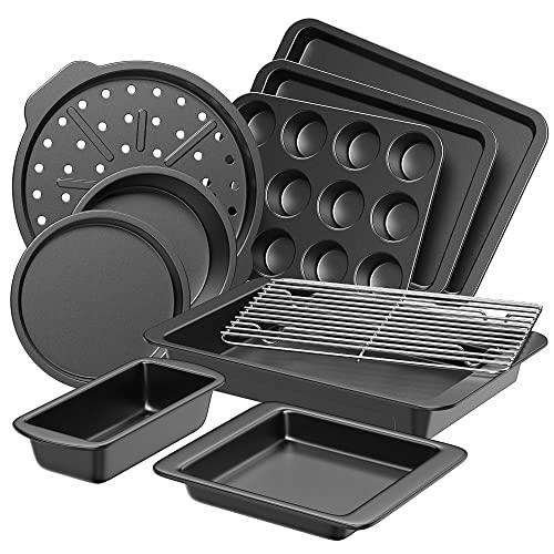 HONGBAKE Bakeware Sets, Baking Pans Set, Nonstick Oven Pan for Kitchen with Wider Grips, 10 Pieces Including Rack, Cookie Sheet, Cake Pans, Loaf Pan, Muffin Pan, Pizza Pan - Grey - CookCave