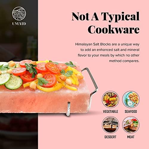 UMAID Himalayan Salt Block For Grilling, Cooking, Cutting and Serving,12X8X1.5 Food Grade Himalayan Pink Salt Stone on Stainless Steel Plate & Recipe Pamphlet, Unique Gifts for Men, Women, Chef, Cooks - CookCave