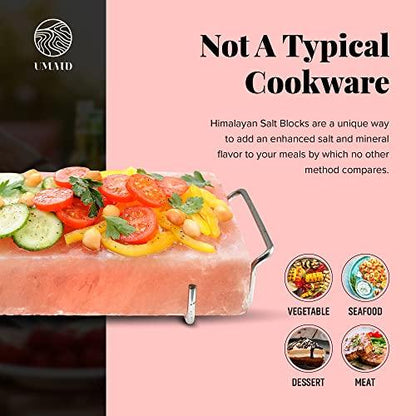 UMAID Himalayan Salt Block For Grilling, Cooking, Cutting and Serving,12X8X1.5 Food Grade Himalayan Pink Salt Stone on Stainless Steel Plate & Recipe Pamphlet, Unique Gifts for Men, Women, Chef, Cooks - CookCave