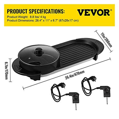 VEVOR Electric Grill Hot Pot 2 in 1, Multifunctional Grill Pan Indoor, Separate Dual Temperature Control, Large Capacity Non-Stick Pan Portable Korean BBQ, Electric Shabu Hot Pot 110V Smoke Free Stove - CookCave