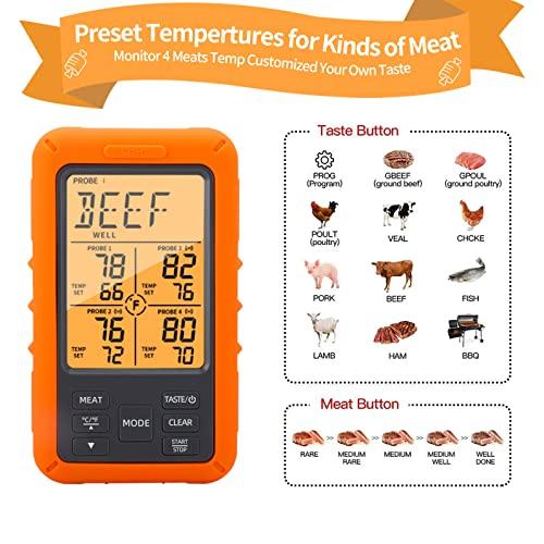 Wireless Meat Thermometer with 4 Meat Probes Remote Cooking Food Thermometer with Alarm Calibration & Timer 500FT Digital Cordless Thermometer for Kitchen Outdoor BBQ Smoker Oven Grill Fryer Beef - CookCave