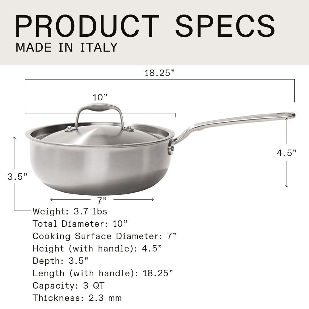 Made In Cookware - 3 Quart Stainless Steel Saucier Pan - 5 Ply Stainless Clad - Professional Cookware - Made in Italy - Induction Compatible - CookCave