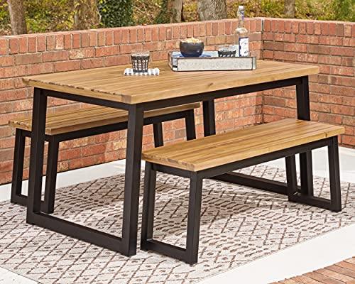 Signature Design by Ashley Town Wood Outdoor 3-Piece Patio Counter Table Set with 2 Benches, Brown & Black - CookCave