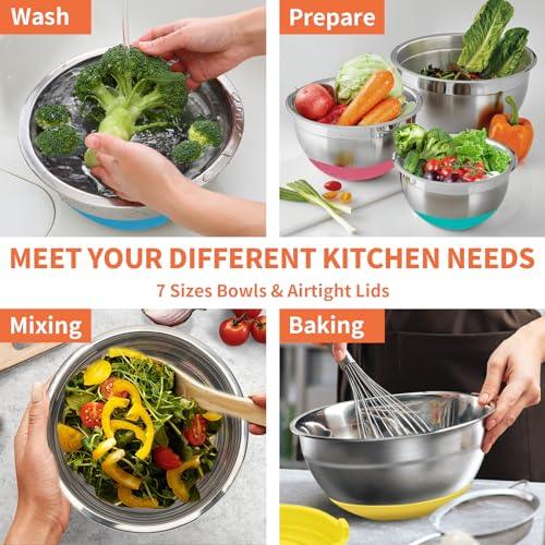 Mixing Bowls With Airtight Lids Set - 7Pc Stainless Steel Nesting Storage Bowls, Non-Slip Silicone Bottom, Size 0.7,1.1,1.7,2.1,2.7,3.6,4.5QT, Ideal for Baking, Prepping, Cooking and Serving Food - CookCave