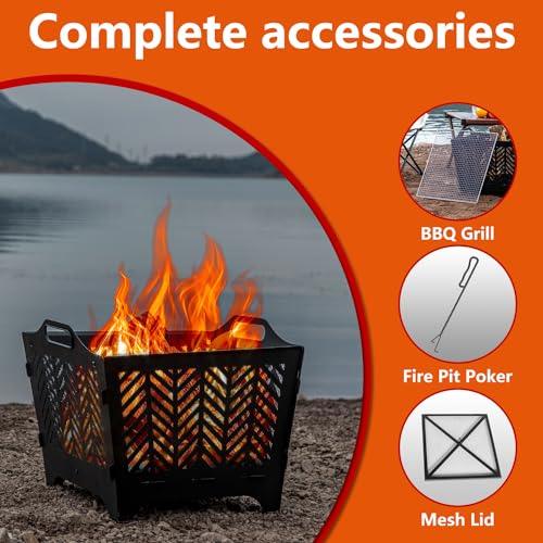 OutVue 20 inch Fire Pits for Outside with Grill & Storage Bag,Portable Fire Pit,Wood Burning Fire Pit with Poker & Spark Screen, Firepit for Outdoor, Patio, Yard, Garden, Camping - CookCave