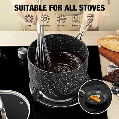 HLAFRG Nonstick Premium 3-Piece Saucepan Set with Glass Lids, Natural Durable Granite Coating, Nonstick, Durable & Oven Safe to 450°F, 1&2&3QT, Black - CookCave