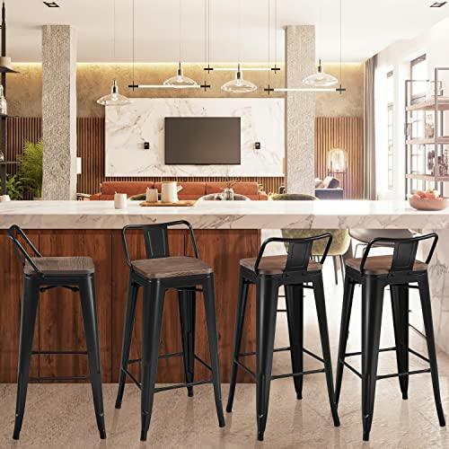 Yaheetech 30" Metal Barstools Set of 4 Bar Height Bar Stools with Wooden Top Low Back Industrial Bar Stools Metal Stool for Indoor-Outdoor Counter Stools with Wooden Seat Matte Black - CookCave