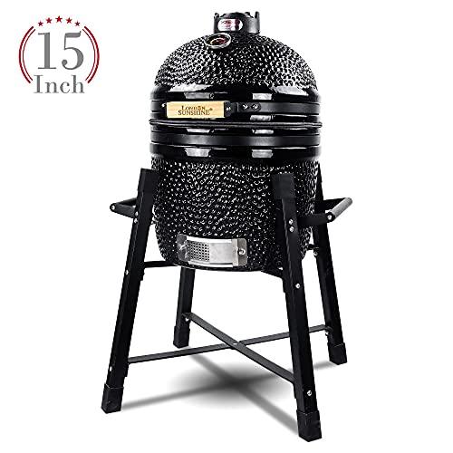 London Sunshine Ceramic Kamado Charcoal BBQ Grill -The Junior Series with Tall Stand (Black) - CookCave