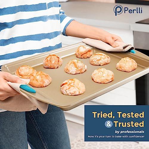 Perlli Baking Pan 10 Piece Set Nonstick Gold Steel Oven Bakeware Kitchen Set with Silicone Handles, Cookie Sheets, Round Cake Pans, 9x13 Pan with Lid, Loaf Pan, Deep Pan, Pizza Crisper, Muffin Pan - CookCave