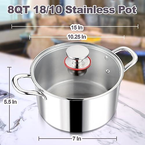 LIANYU 8QT 18/10 Stainless Steel Soup Pot with Lid, 8 Quart Stock Pot With Triple Ply, Heavy Duty Pasta Soup Canning Stockpot, Induction Pot for Boiling Strew Simmer, Big Cookware Cooking Pot - CookCave