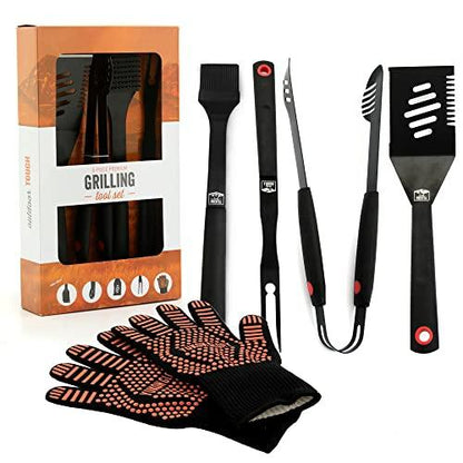 Yukon Glory™ Heavy Duty 5 Piece Grilling Tools Set, Durable Stainless Steel BBQ Accessories, Long Handle 3 in 1 Spatula, Tongs, Brush, Grill Fork, Thick Grilling Gloves, Gift Set - CookCave