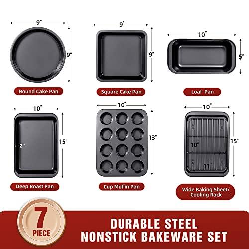 KITESSENSU Baking Pans Sets, Nonstick Bakeware Sets 7-Piece with Round/Square Cake Pan, Loaf Pan, Muffin Pan, Cookie Sheet, Roast Pan, Cooling Rack, Carbon Steel Bake Set - CookCave