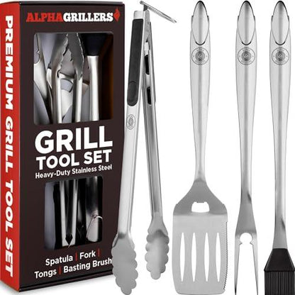 Alpha Grillers Grill Set Heavy Duty BBQ Accessories - BBQ Gifts Tool Set 4pc Grill Accessories with Spatula, Fork, Brush & BBQ Tongs - Grilling Cooking Gifts for Men Dad Durable, Stainless Steel - CookCave