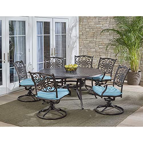 Traditions 7-Piece Patio Dining Set with 60" Round Cast-Top Table and 6 Swivel Rockers with Blue Cushions, Patio Dining Set for 6, Premium Weather Resistant Outdoor Furniture - CookCave