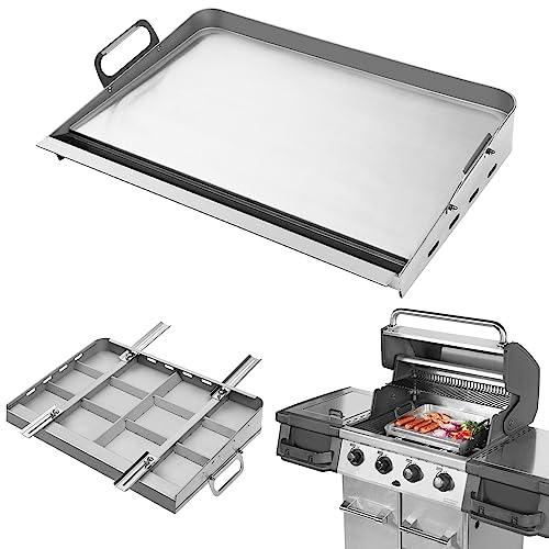 Flat Top Grill, Griddle for Gas Grill 24"x16" with Removable Grease Tray, Stove Top Griddle Even Heat Distribution, Stainless Steel Griddle Grill with Retractable Stand Accommodates Different Grill - CookCave