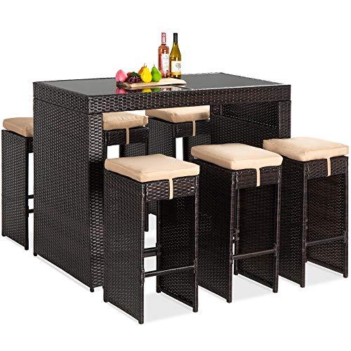 Best Choice Products 7-Piece Outdoor Wicker Bar Dining Set, Rattan Patio Furniture for Backyard, Garden w/Glass Table Top, 6 Stools, Removable Cushions - Brown/Beige - CookCave