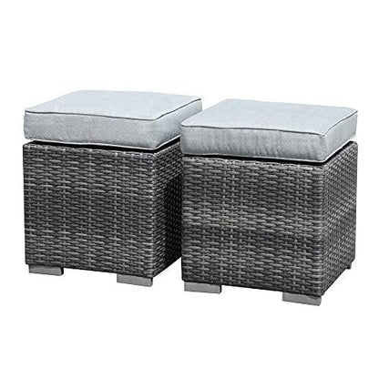 Patiorama 2 Pieces Assembled Outdoor Patio Ottoman, Indoor Outdoor All-Weather Grey Wicker Rattan Outdoor Footstool Footrest Seat with Light Grey Cushions, No Assembly Required - CookCave